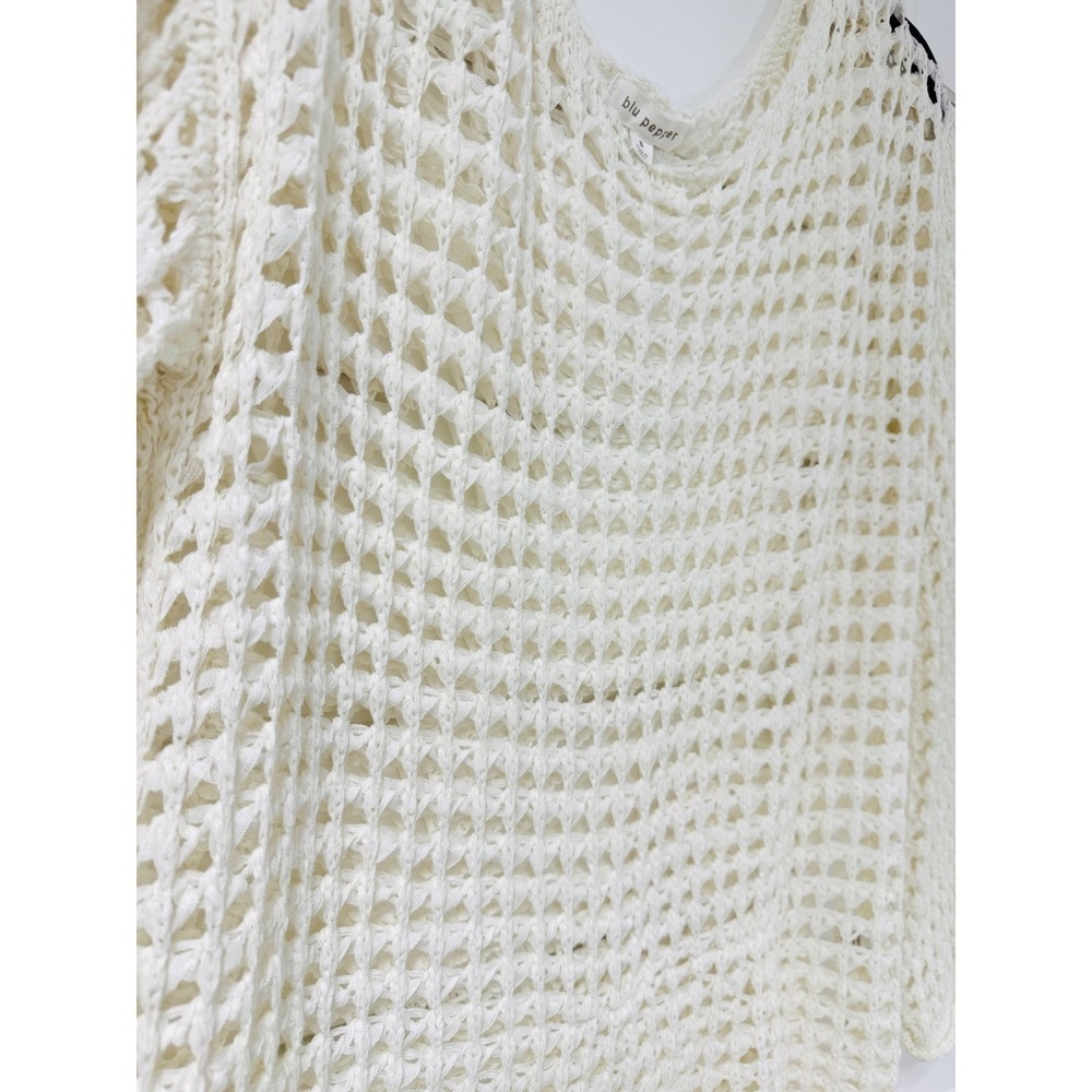 Blu Pepper Cream Open Knit Crochet Sweater Scoop Neck High Low Boho Ivory Small - Picture 3 of 6